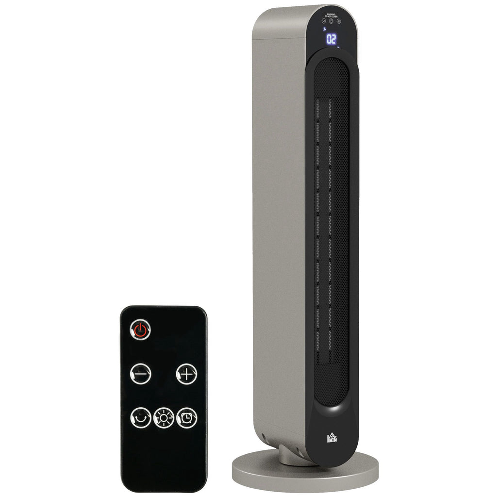 Calefactor de torre plata y negro junto a un sofá