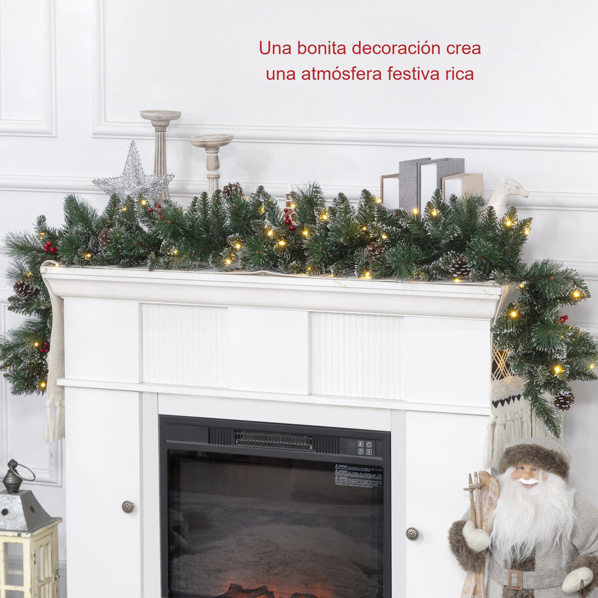 Una bonita decoración crea una atmósfera festiva rica: guirnalda de Navidad sobre una chimenea