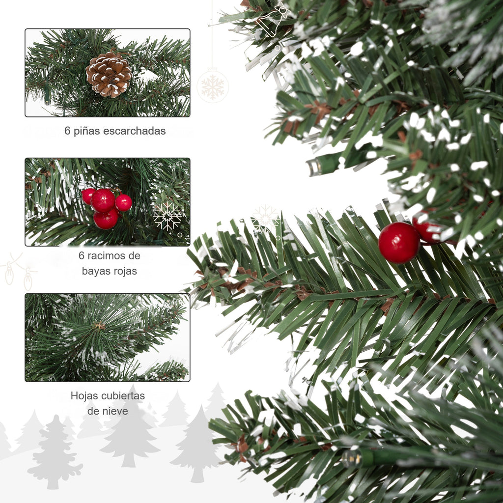 Detalle de la guirnalda: 6 piñas escarchadas, 6 racimos de bayas rojas y hojas cubiertas de nieve