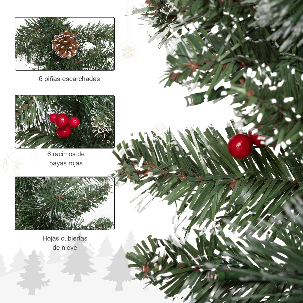 Detalle de la guirnalda: 6 piñas escarchadas, 6 racimos de bayas rojas y hojas cubiertas de nieve