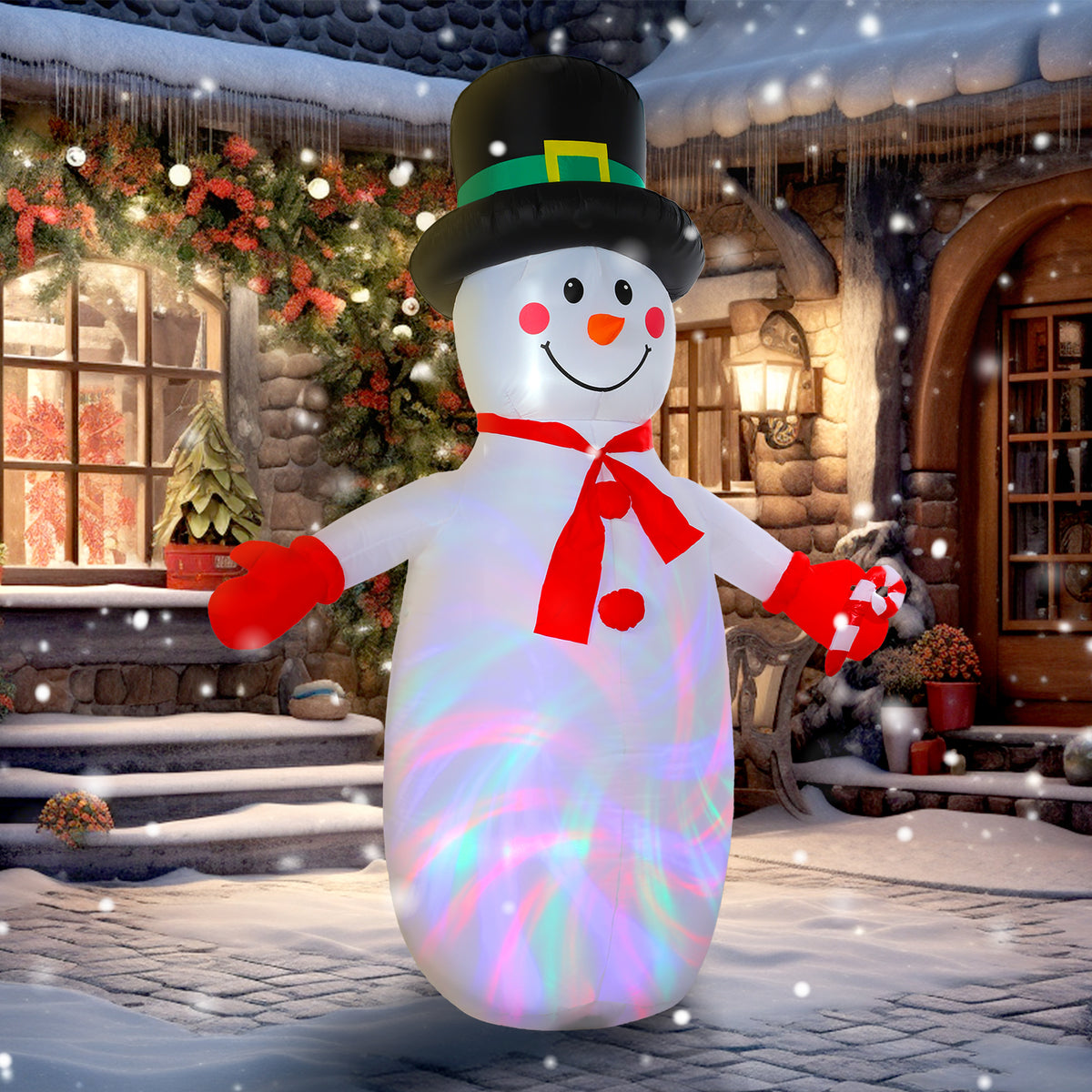 Muñeco de nieve hinchable con luces disco junto a una casa con guirnaldas y una puerta decorada