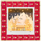 Calendario de Adviento rojo con los 24 cajones numerados y el paisaje de montaña, vista de frente