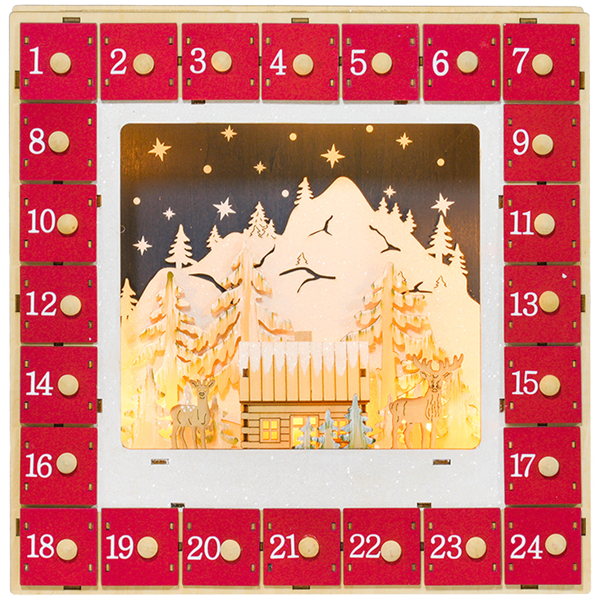 Calendario de Adviento rojo con los 24 cajones numerados y el paisaje de montaña, vista de frente