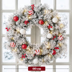 Medidas de la corona de Navidad: 60 cm de diámetro, con luces LED encendidas junto a una ventana