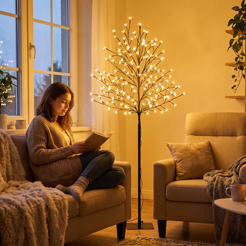 Mujer leyendo en un sofá junto al árbol de cerezo luminoso con luz cálida