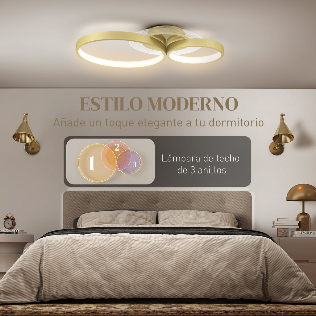 Plafón LED de tres aros de estilo moderno en un dormitorio