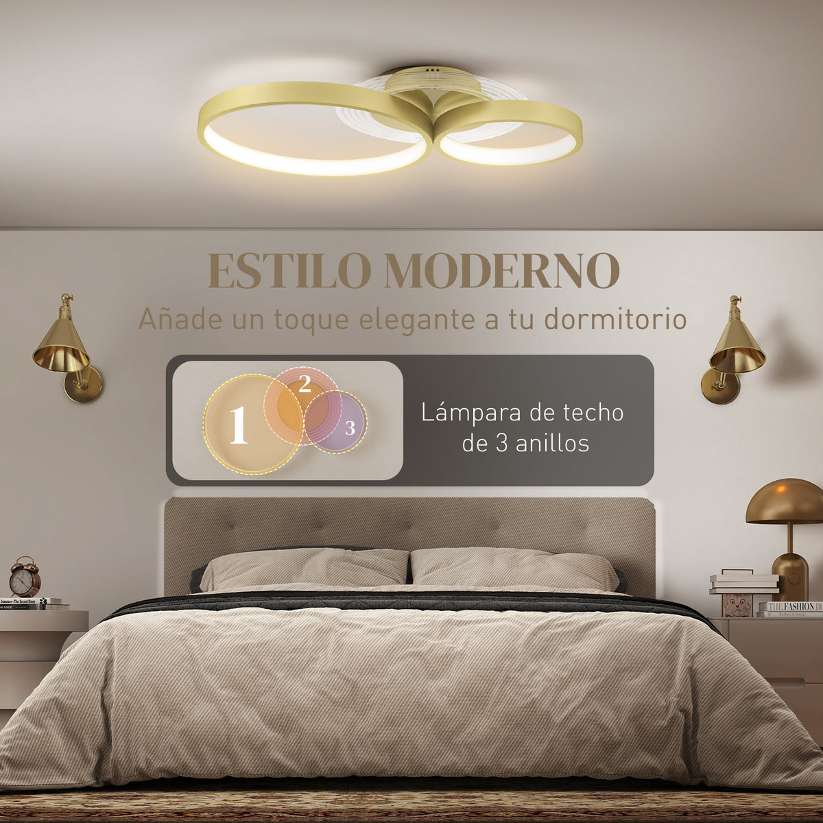 Plafón LED de tres aros de estilo moderno en un dormitorio