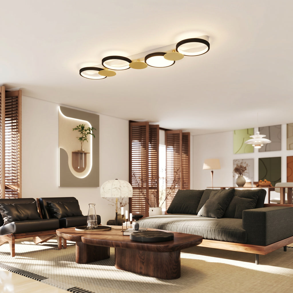 Plafón LED de techo con cuatro anillos negros y dorados, vista 8