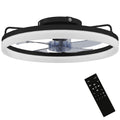 Ventilador de techo negro con luz LED y aspas gris ahumado sobre fondo blanco