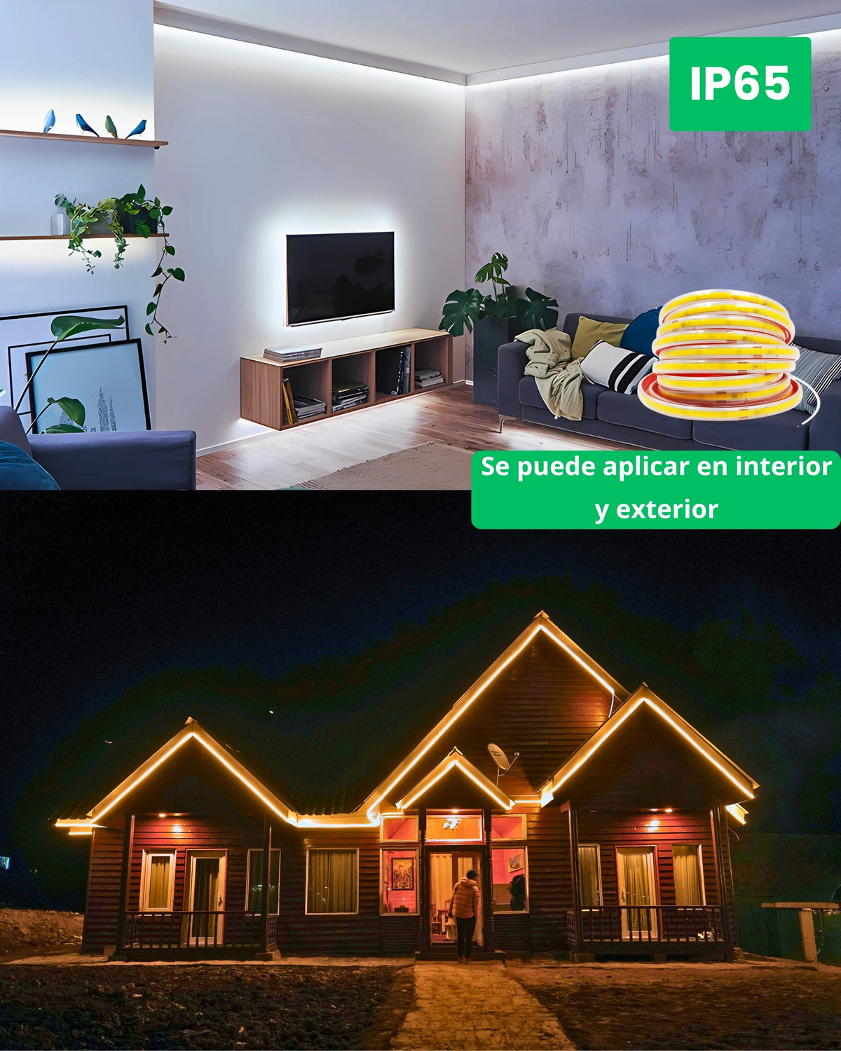 Tira LED COB IP65 ALUMAR en interior, detrás de un televisor, y en exterior, en los aleros de una casa