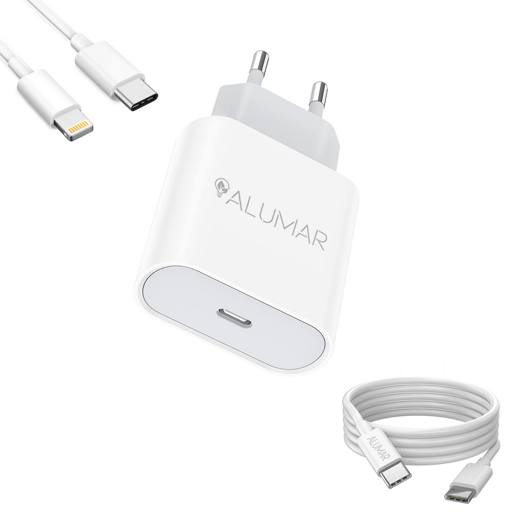Cargador de pared ALUMAR 20W USB-C con cable USB-C a Lightning y cable USB-C a USB-C incluidos, imagen de portada