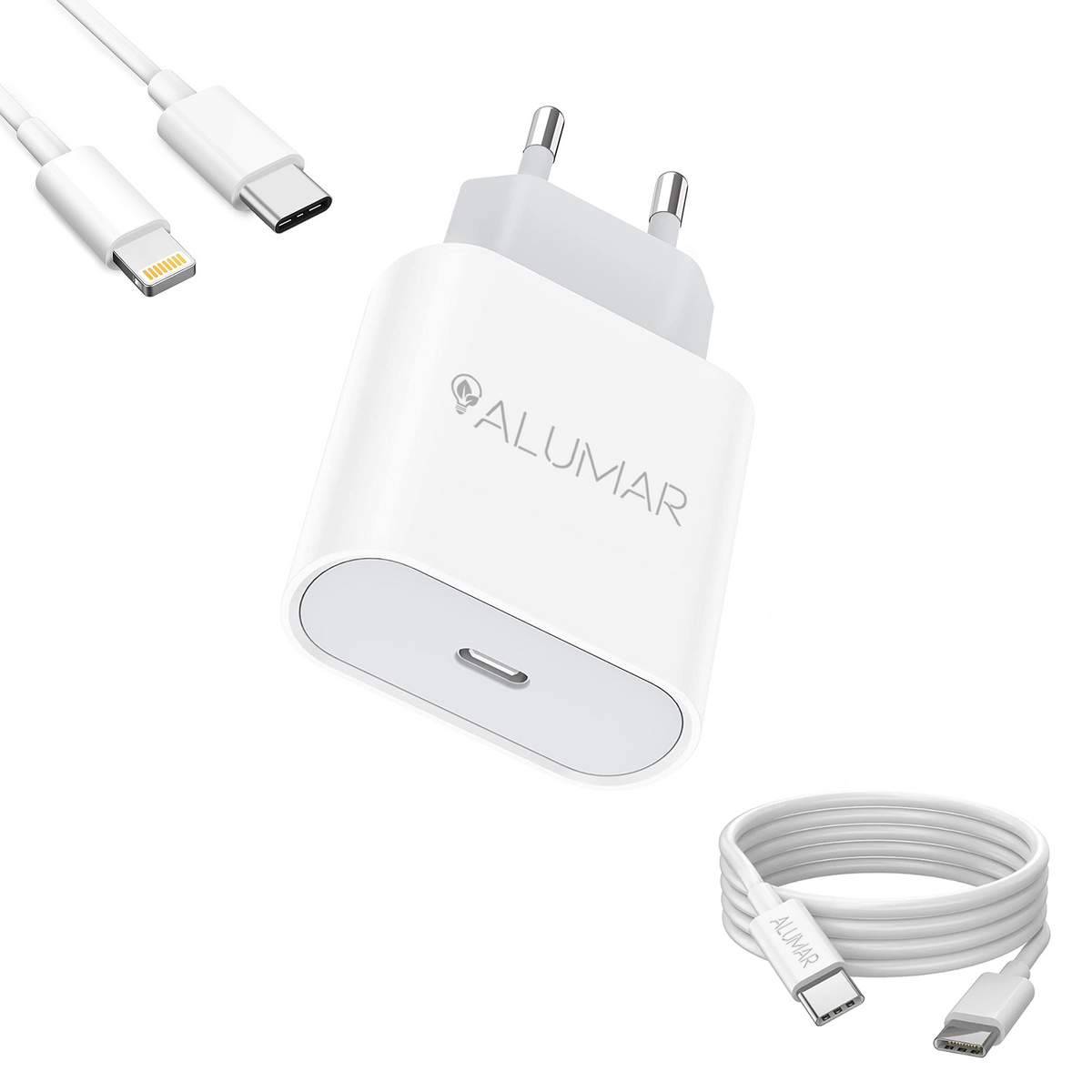 Cargador de pared ALUMAR 20W USB-C con cable USB-C a Lightning y cable USB-C a USB-C incluidos, imagen de portada