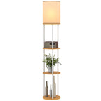 Lámpara de pie de madera natural con 3 estantes, vista frontal