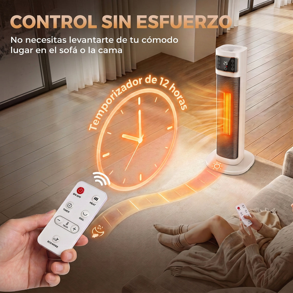 Calefactor de torre en un dormitorio