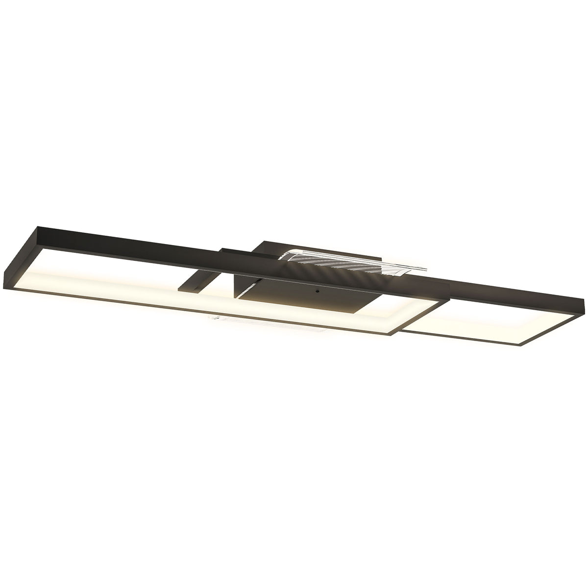 Lámpara de techo LED rectangular negra con luz cálida, vista lateral sobre fondo blanco