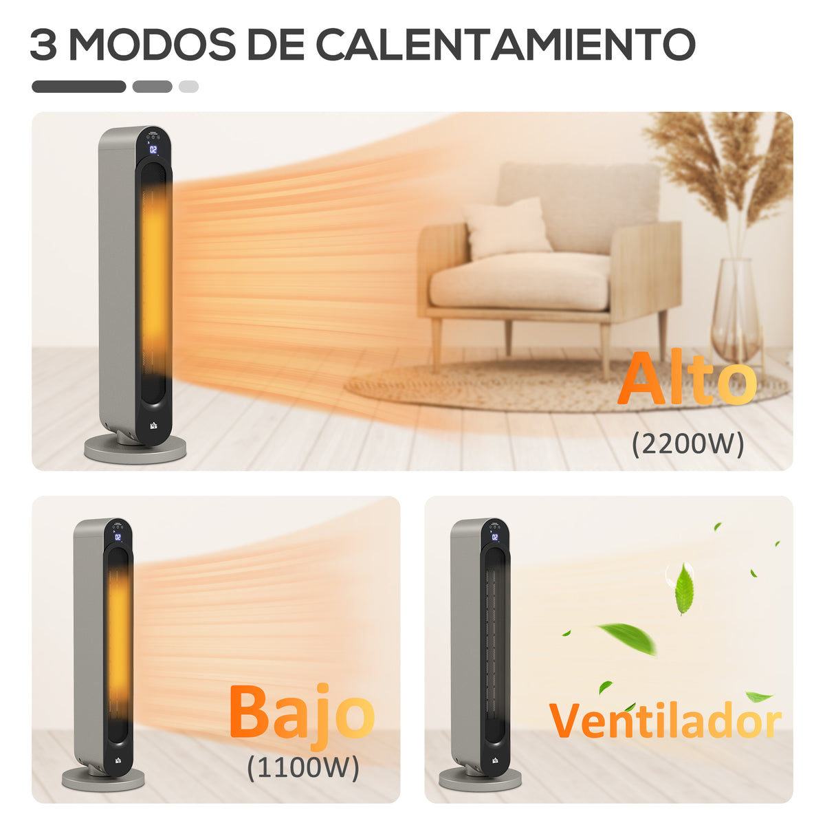 Calefactor de torre plata y negro en un dormitorio