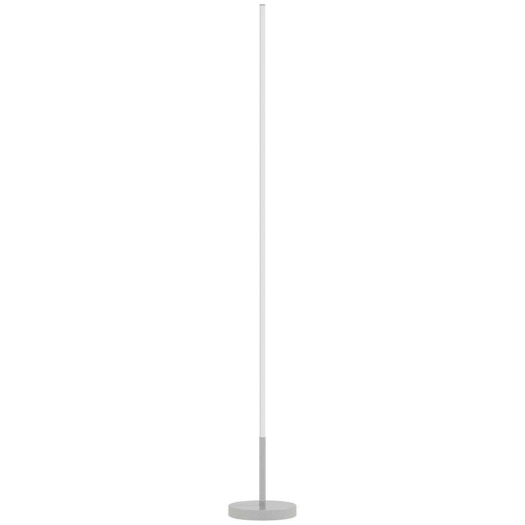 Lámpara de pie LED gris plateada de perfil estrecho con barra de luz y base redonda, vista frontal sobre fondo blanco