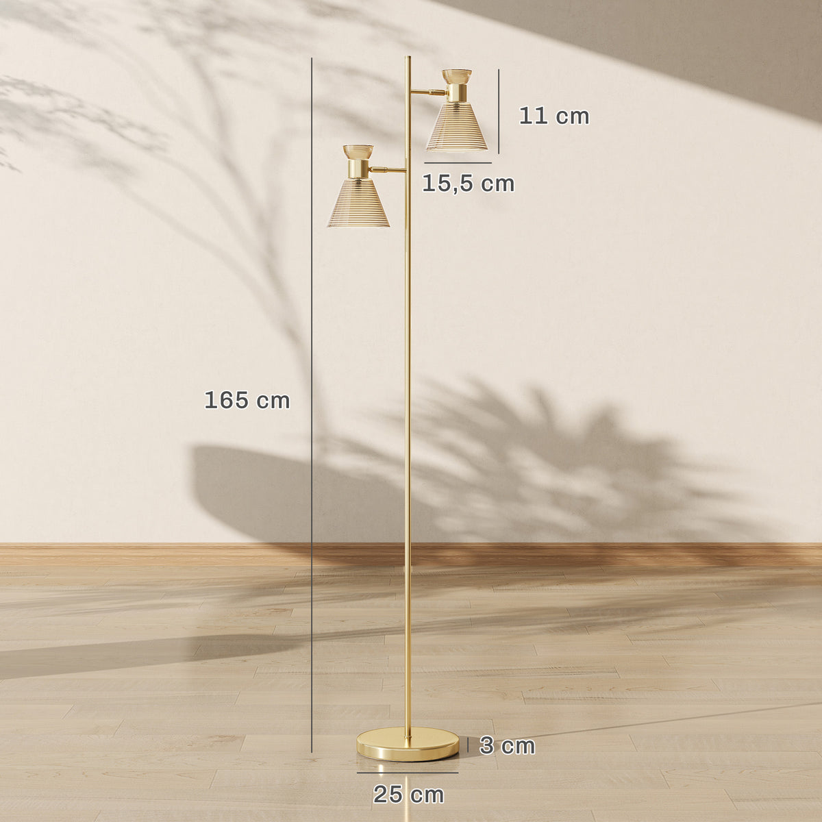 Medidas de la lámpara de pie: 165 cm de alto, pantallas de 15,5 cm de ancho y 11 cm de alto y base de 25 cm