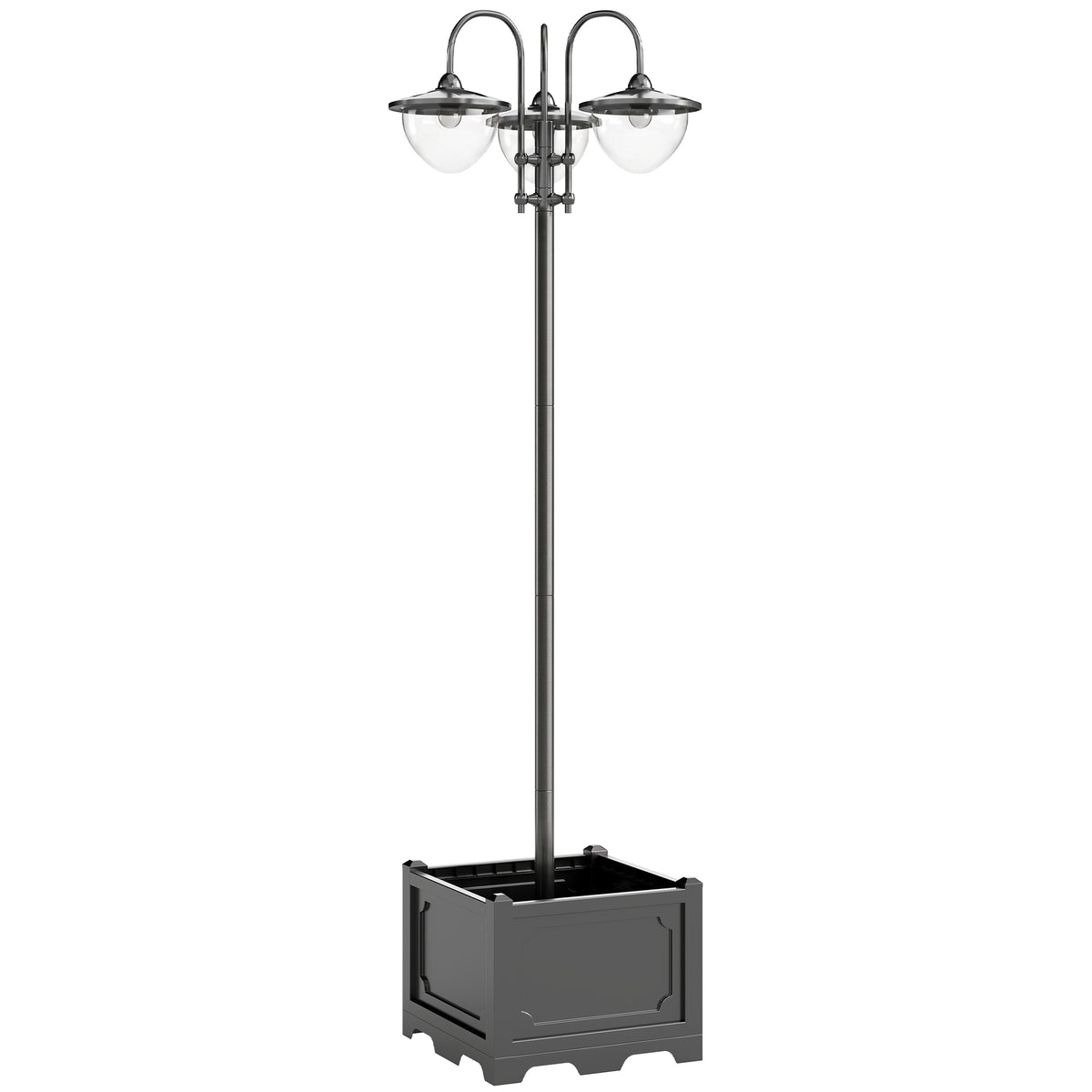 Farola solar negra con base-maceta, vista frontal