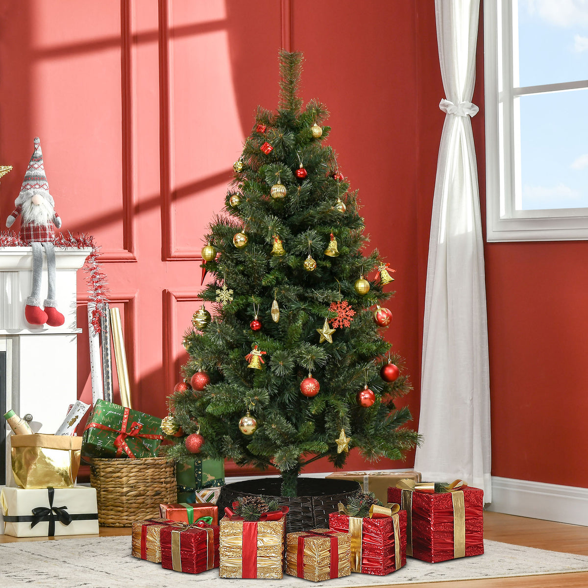 Árbol de Navidad de 150 cm decorado en un salón con regalos