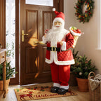 Papá Noel animado de 120 cm junto a una puerta de madera con una corona navideña
