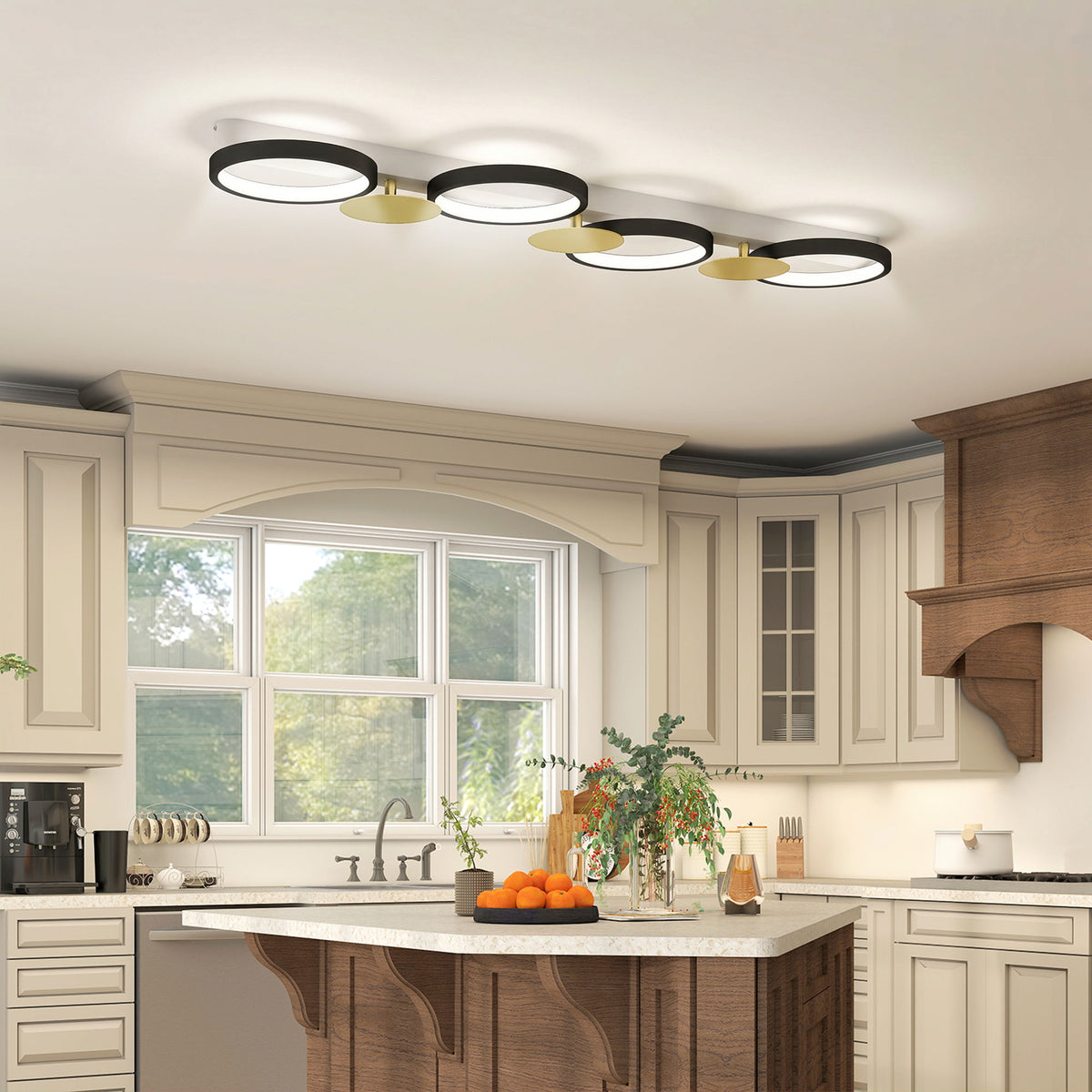 Plafón LED de techo con cuatro anillos negros y dorados, vista 9