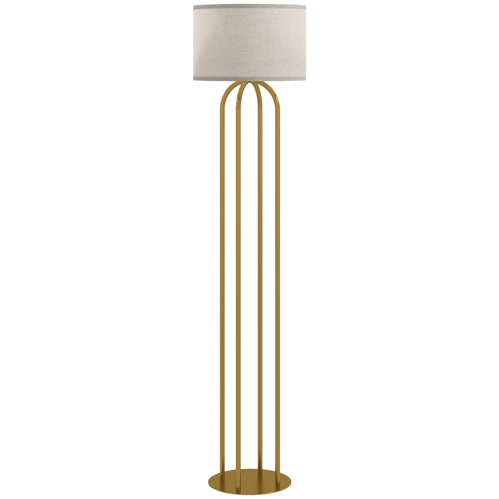Lámpara de pie con estructura dorada de cuatro columnas y pantalla de lino beige