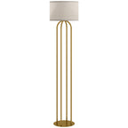 Lámpara de pie con estructura dorada de cuatro columnas y pantalla de lino beige