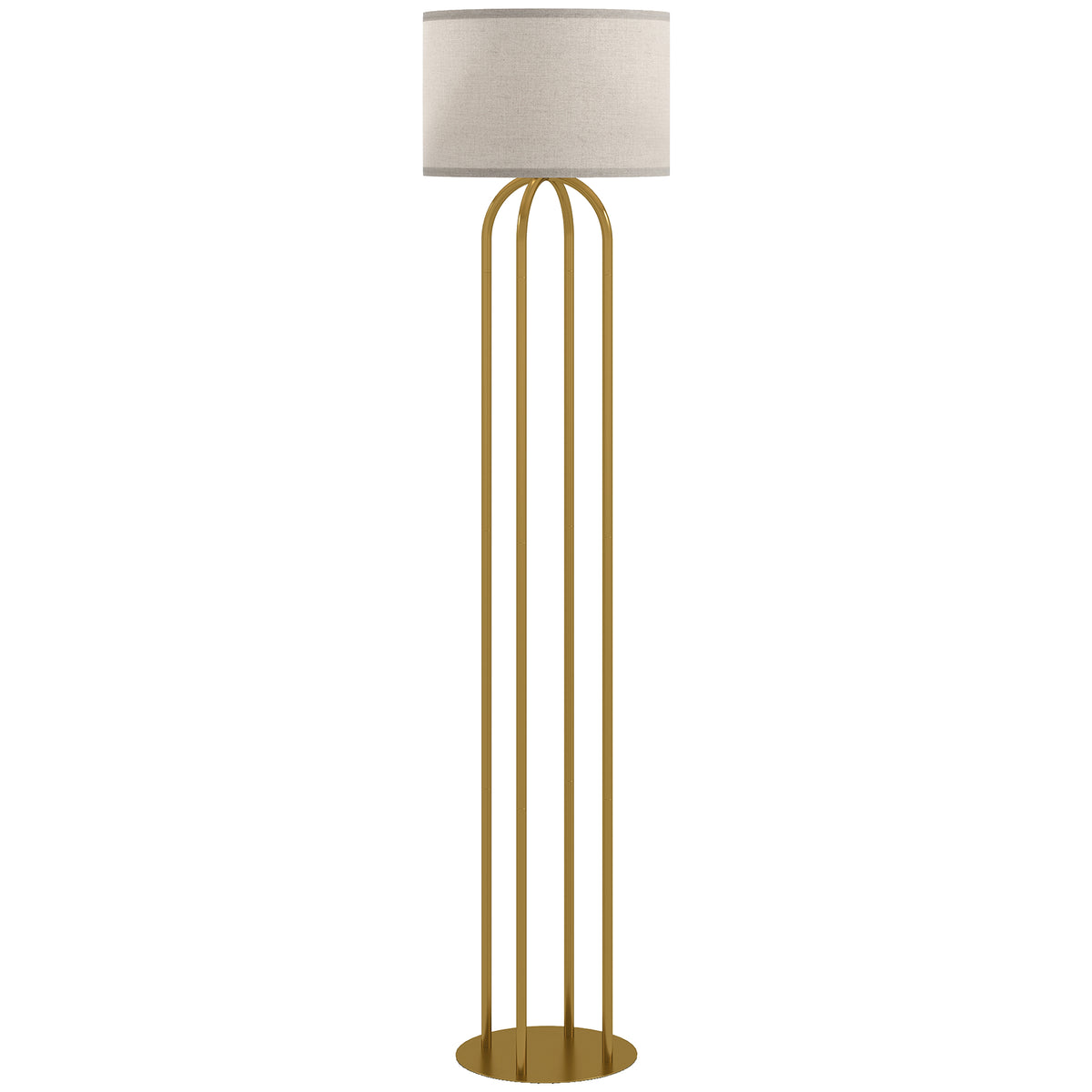 Lámpara de pie con estructura dorada de cuatro columnas y pantalla de lino beige