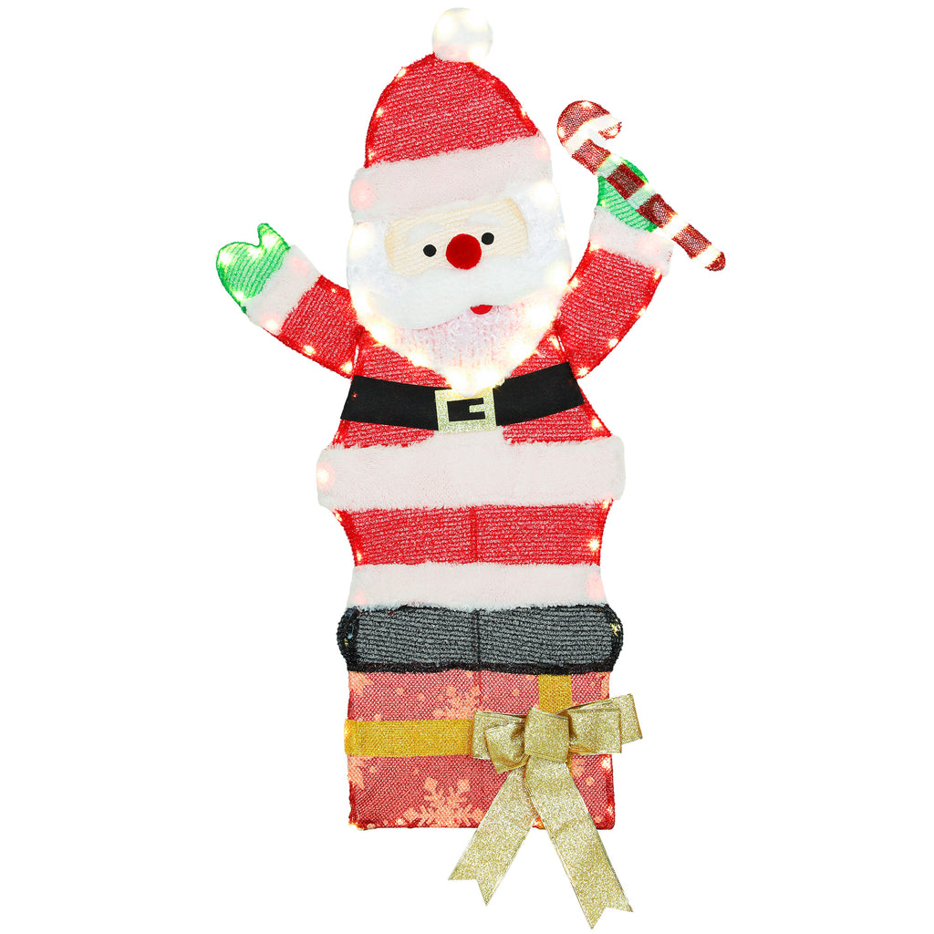 Papá Noel luminoso de 93 cm con traje a rayas rojas y blancas sobre una caja de regalo, vista frontal sobre fondo blanco