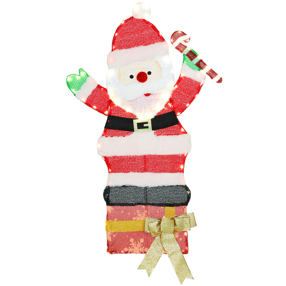 Papá Noel luminoso de 93 cm con traje a rayas rojas y blancas sobre una caja de regalo, vista frontal sobre fondo blanco