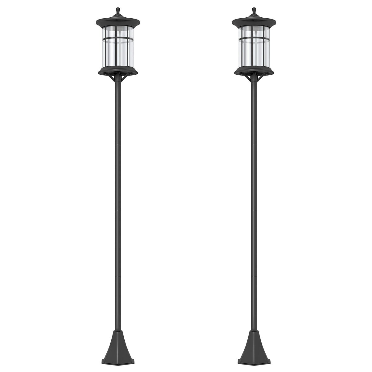 Set de 2 farolas solares negras con marco de acero inoxidable sobre fondo blanco