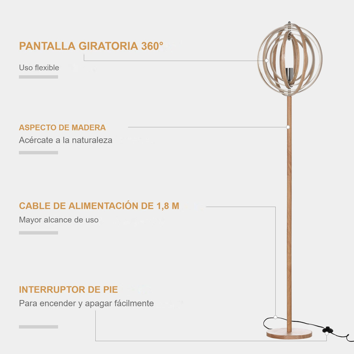 Pantalla giratoria 360°, aspecto de madera, cable de 1,8 m e interruptor de pie de la lámpara de pie