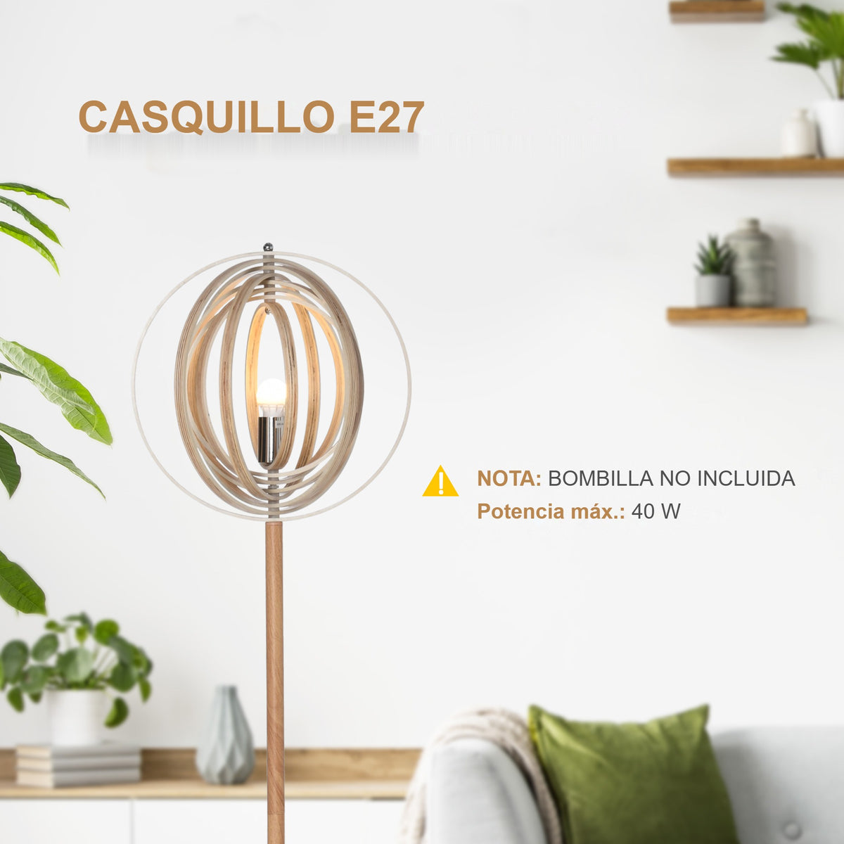 Casquillo E27 de la lámpara de pie de aros de madera, bombilla no incluida y potencia máxima de 40 W