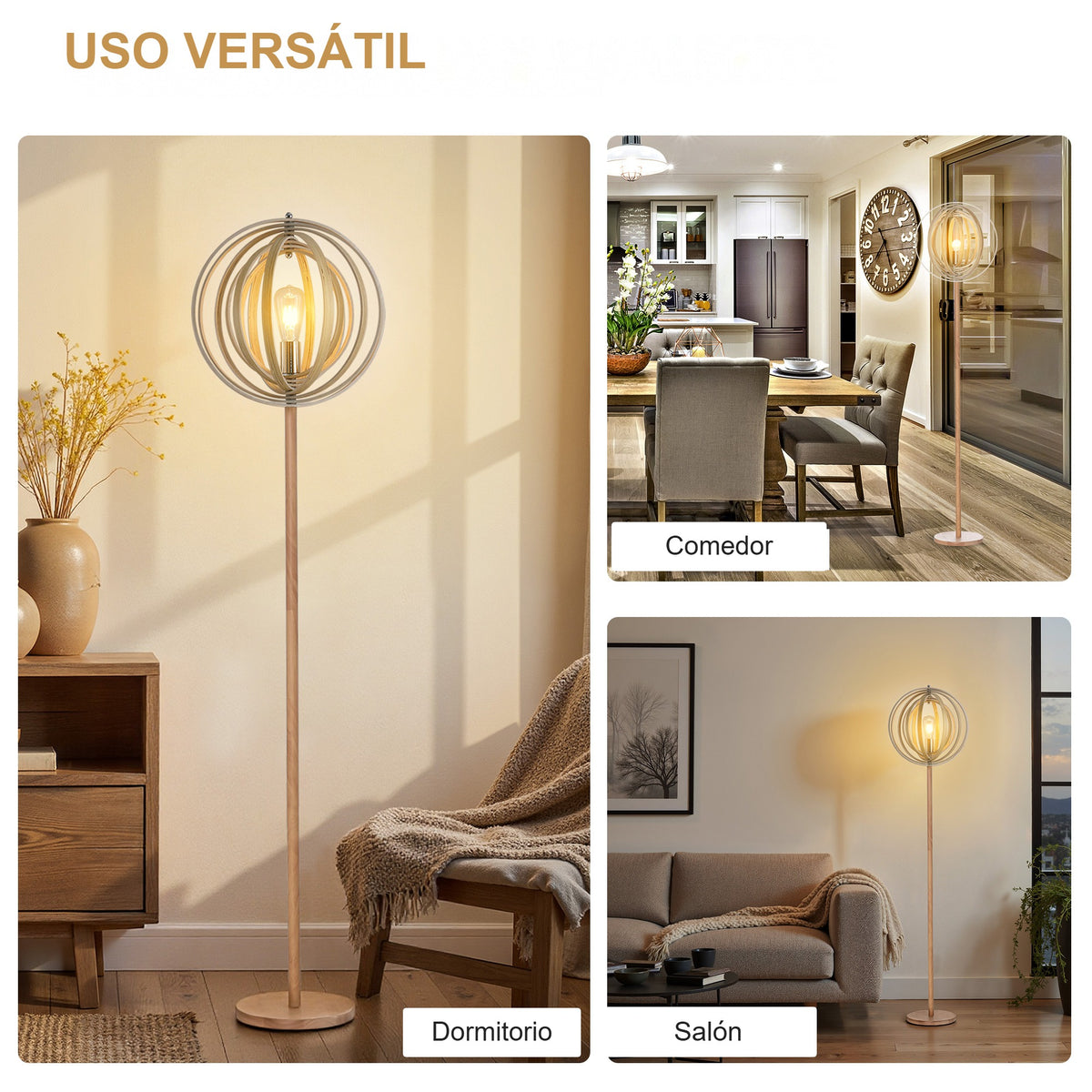 Usos de la lámpara de pie de aros de madera en el dormitorio, el comedor y el salón