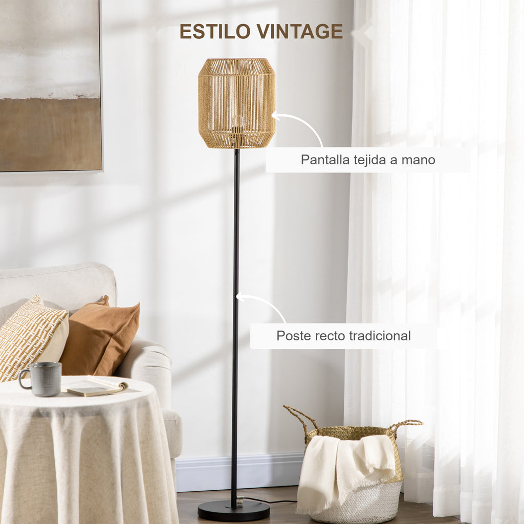 Estilo vintage: pantalla de cuerda de papel tejida a mano y poste recto tradicional de la lámpara de pie