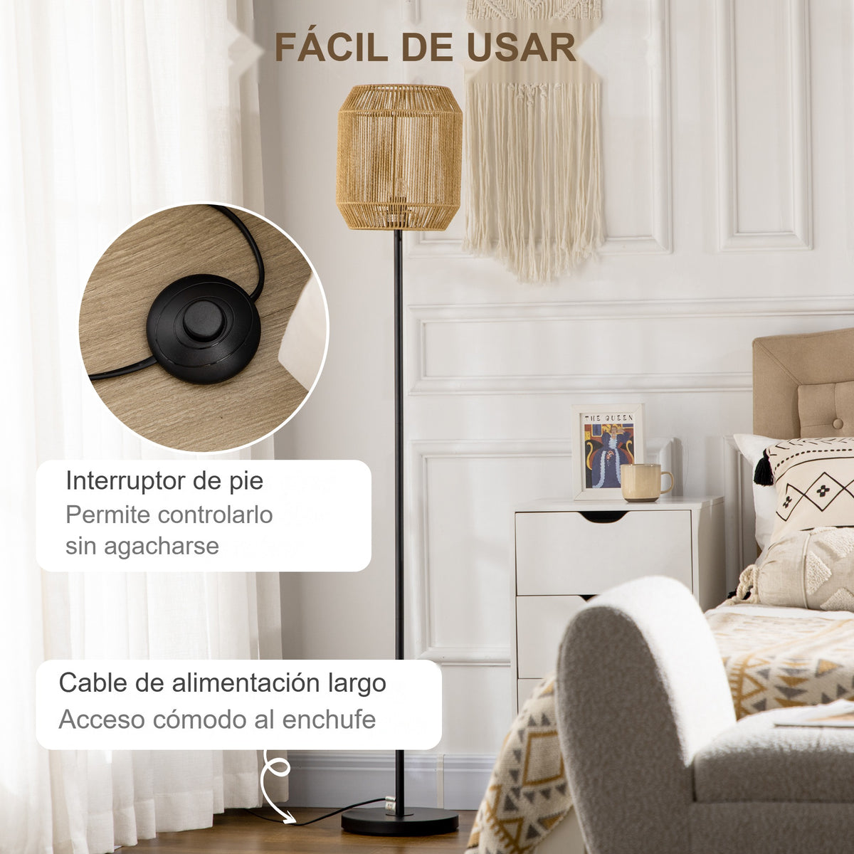 Interruptor de pie y cable de alimentación largo de la lámpara de pie con pantalla de cuerda de papel