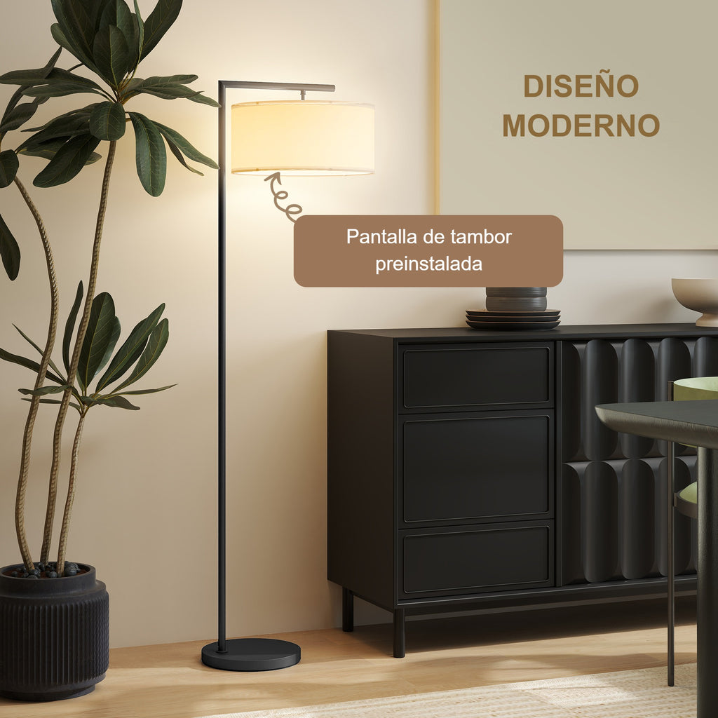 Diseño moderno de la lámpara de pie negra con pantalla de tambor preinstalada junto a un aparador negro