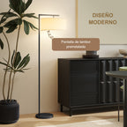 Diseño moderno de la lámpara de pie negra con pantalla de tambor preinstalada junto a un aparador negro
