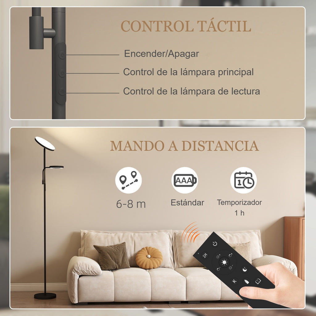 Control táctil en el mástil y mando a distancia con temporizador de 1 hora de la lámpara de pie LED