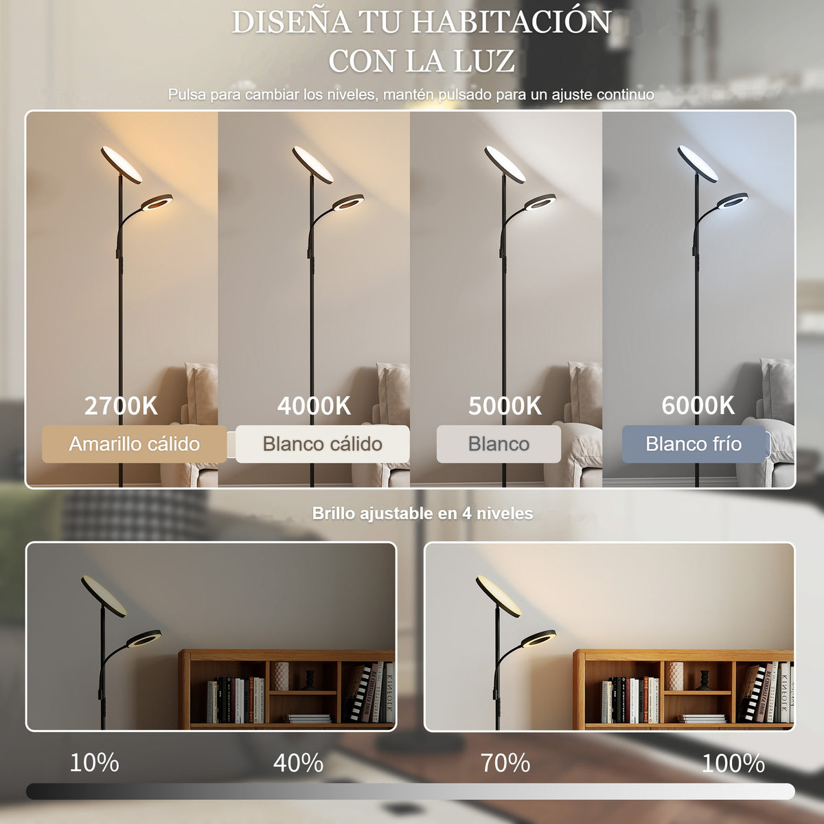 Cuatro temperaturas de color de 2700 K a 6000 K y brillo ajustable en 4 niveles de la lámpara de pie LED