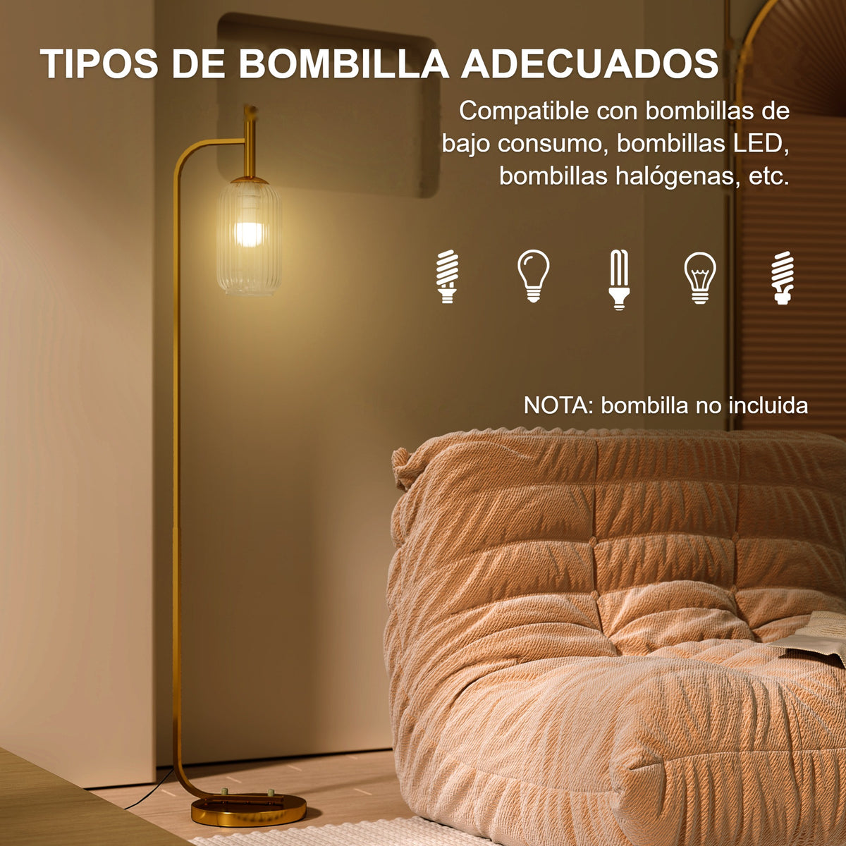 Tipos de bombilla adecuados para la lámpara de pie dorada, bombilla no incluida