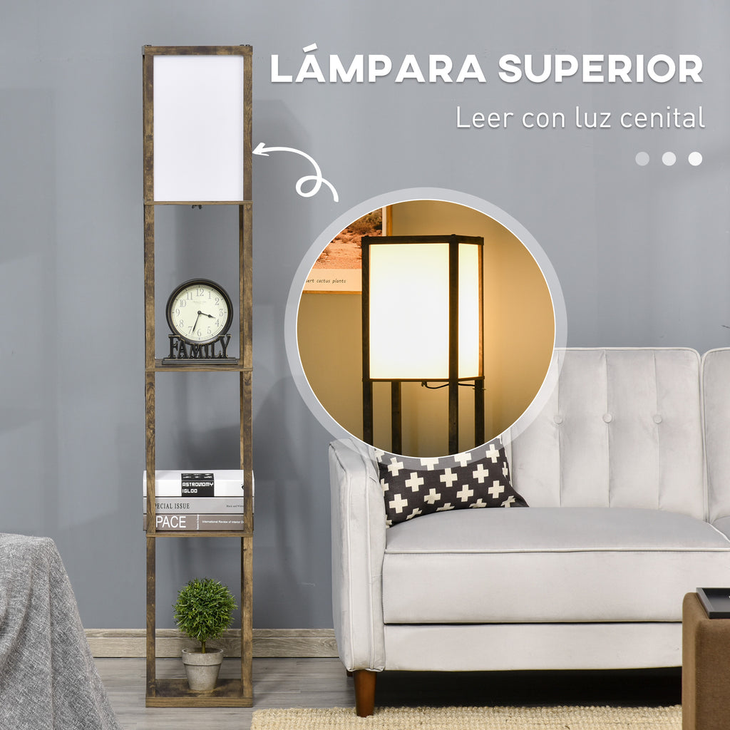 Lámpara de pie en marrón rústico con estantería de 3 baldas, vista 5