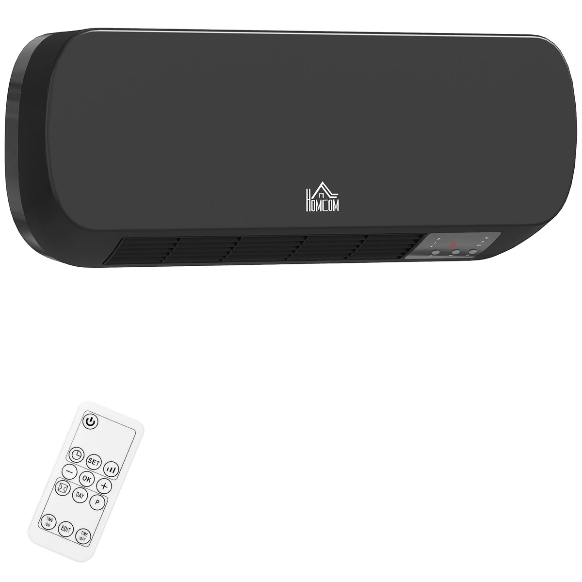 Calefactor cerámico de pared negro con pantalla LED sobre fondo blanco