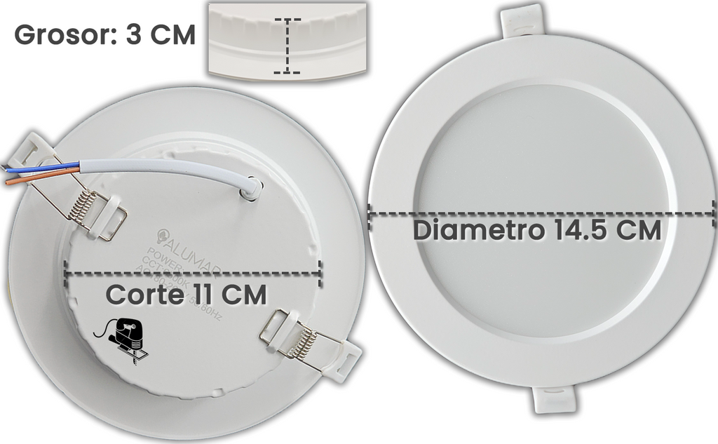 Medidas del downlight LED ALUMAR de Ø 14,5 cm: 3 cm de grosor y 11 cm de diámetro de corte