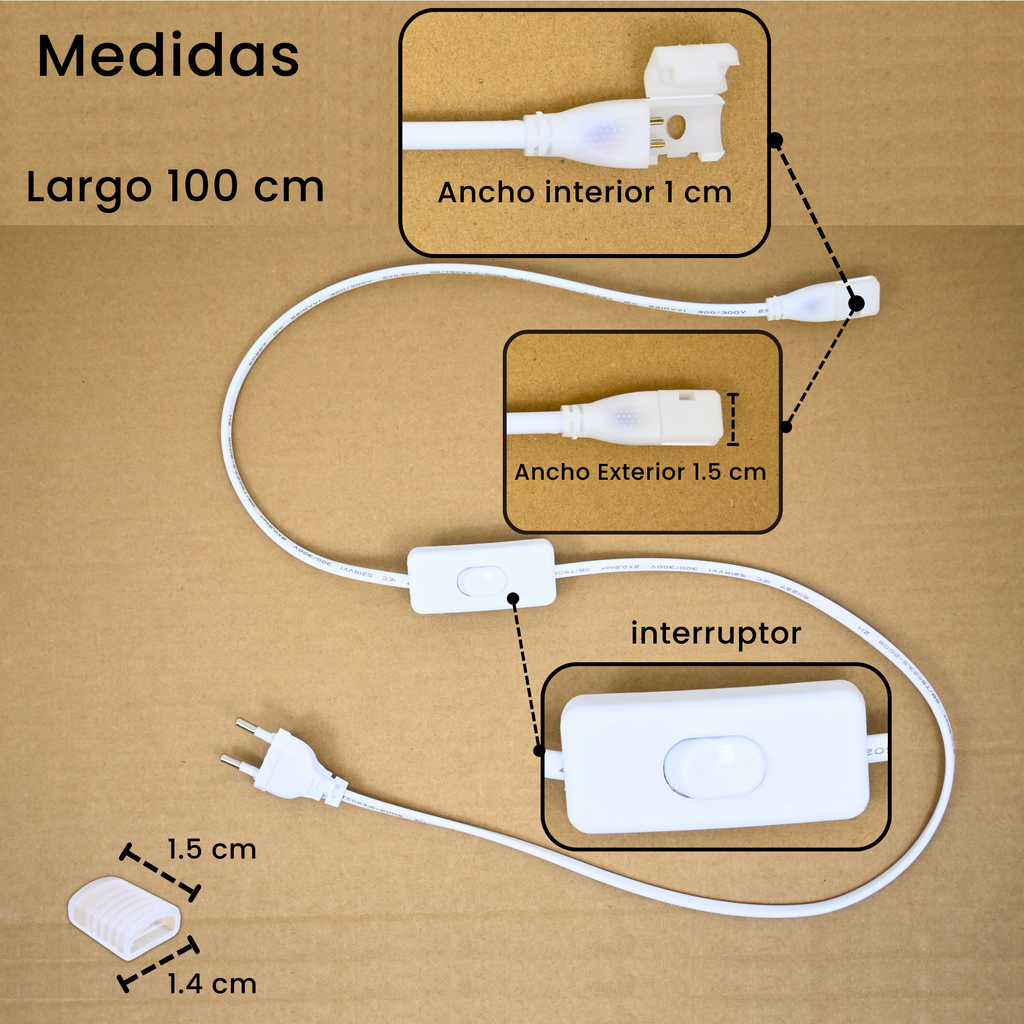 Medidas del adaptador de conexión 220V para tira LED, modelo con interruptor