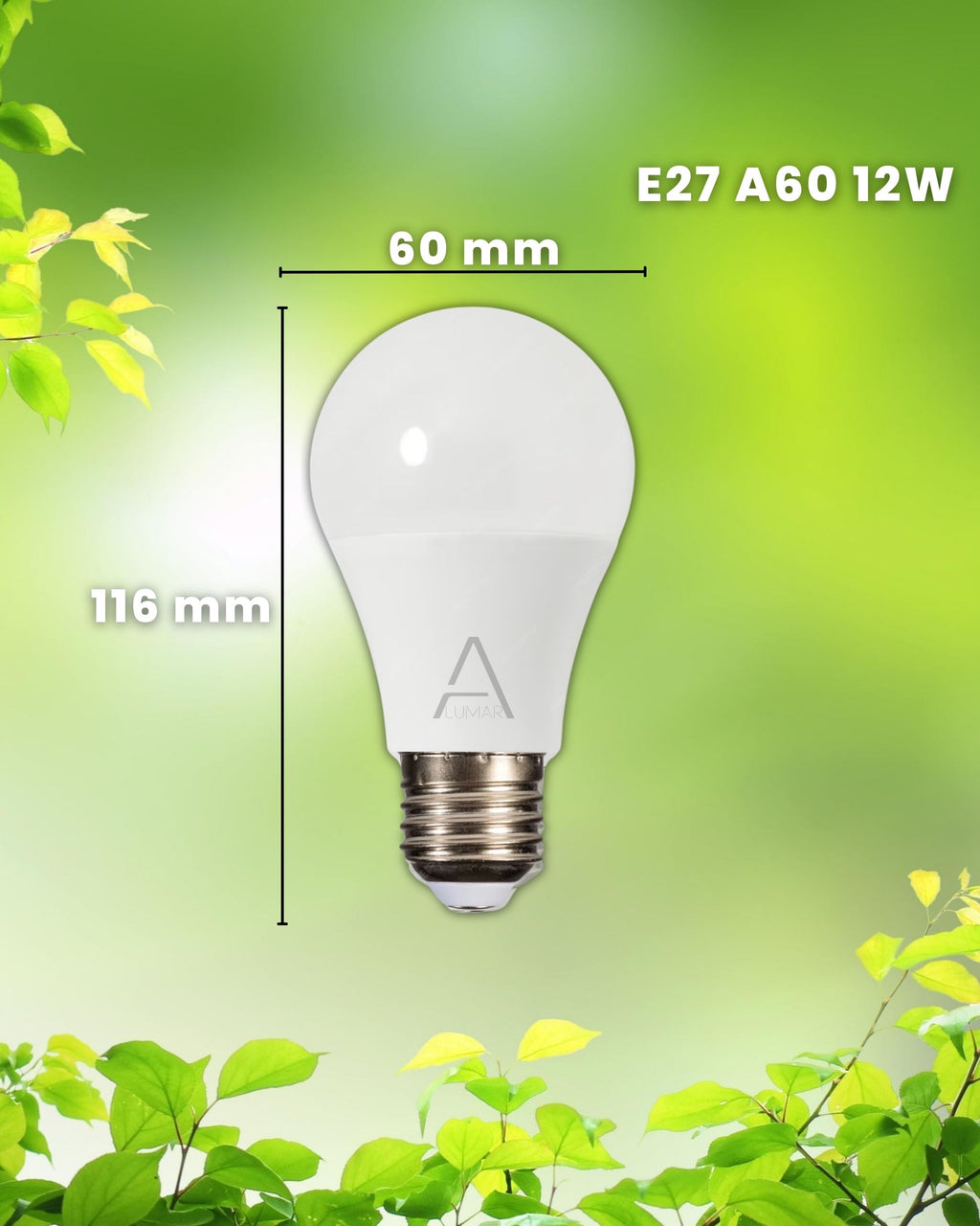 Medidas de la bombilla LED E27 A60 ALUMAR: 116 mm de alto y 60 mm de diámetro