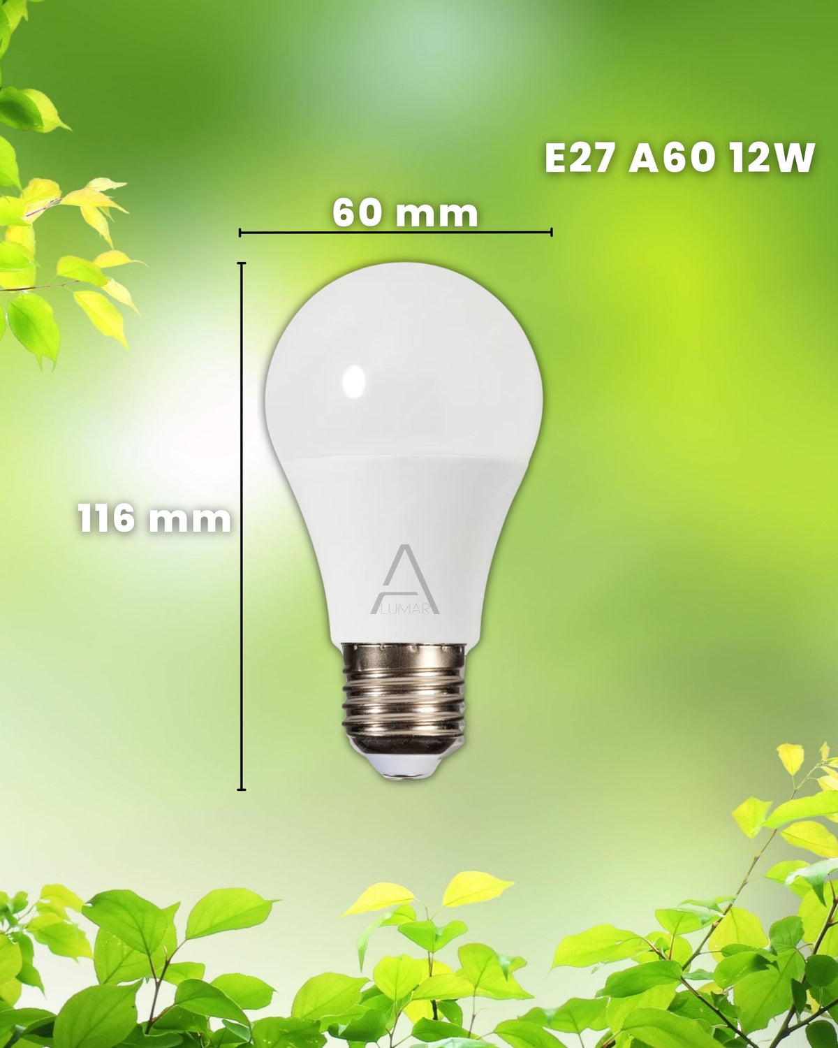 Medidas de la bombilla LED E27 A60 ALUMAR: 116 mm de alto y 60 mm de diámetro