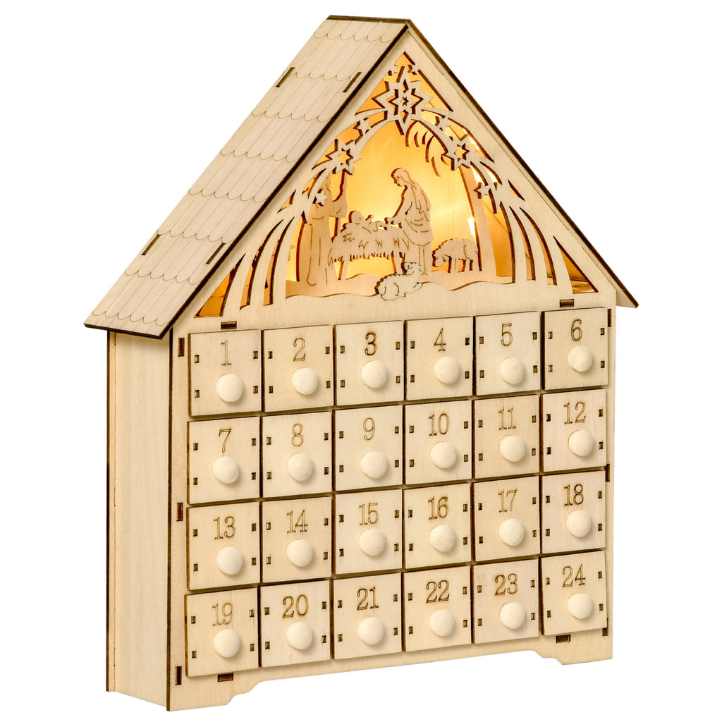 Calendario de Adviento de madera con luz cálida, vista en perspectiva sobre fondo blanco
