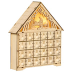 Calendario de Adviento de madera con luz cálida, vista en perspectiva sobre fondo blanco